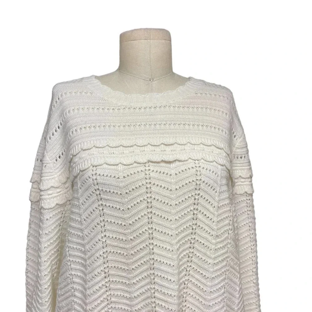 J. Crew Crewneck‎ Scalloped Pointelle Sweater Ivory Size XL